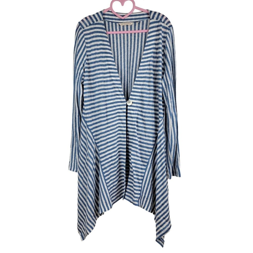 Soft Surroundings Linen Cardigan Knit Wrinkle Free Blue White Striped Blouse M